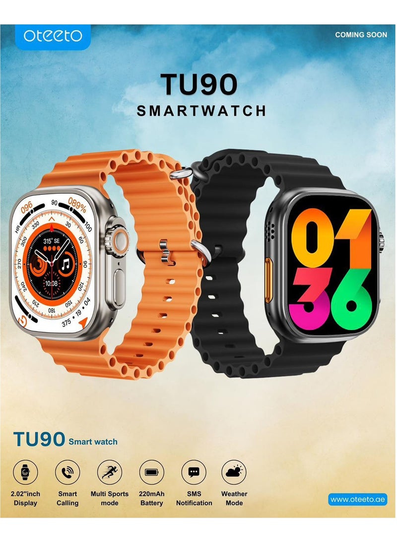 Oteeto TU90 Ultra 2 Smart Watch With 2.2 Inch Display 2 Pair Straps and Wireless Charger For Ladies and Gents Black