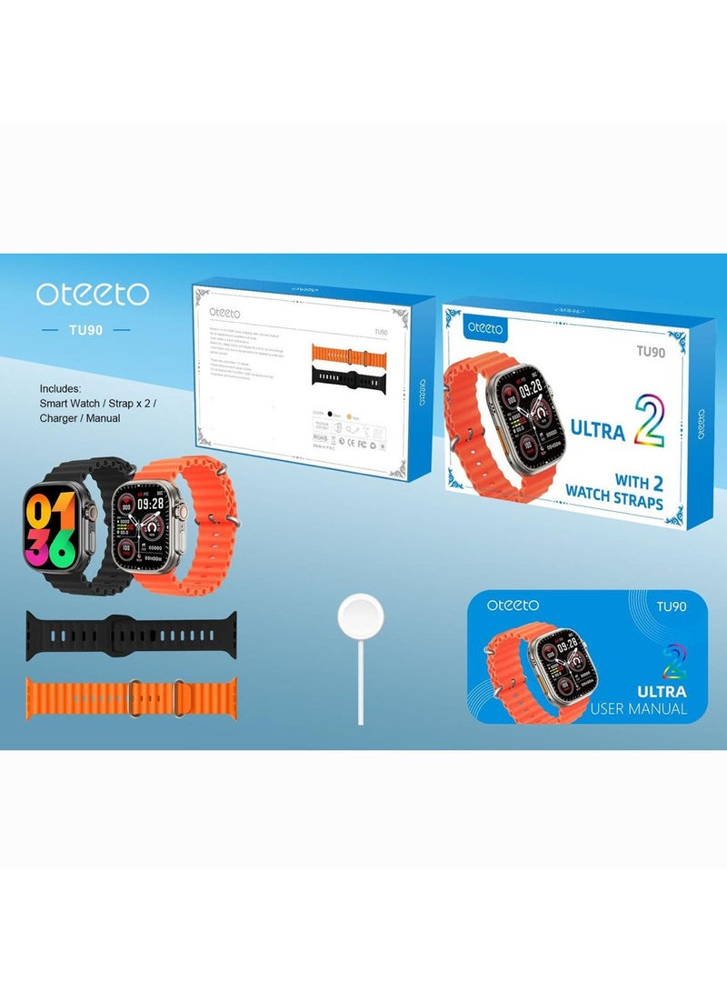 Oteeto TU90 Ultra 2 Smart Watch With 2.2 Inch Display 2 Pair Straps and Wireless Charger For Ladies and Gents Black