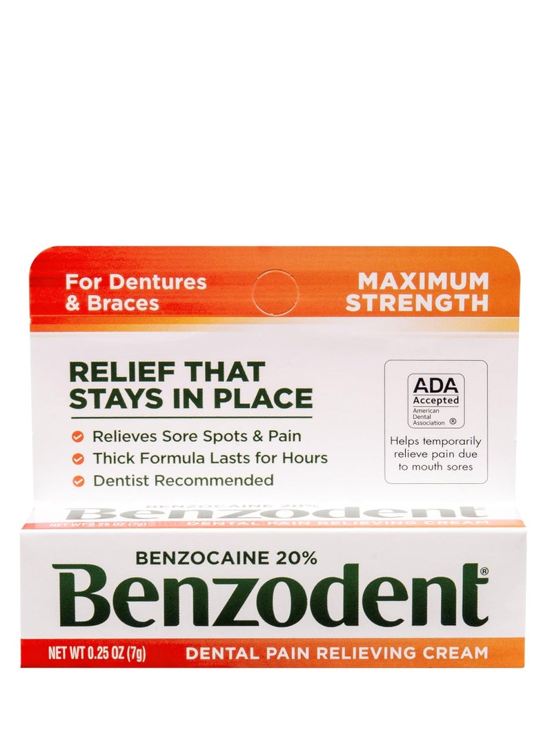 Benzodent Dental Pain Relieving Cream for Dentures and Braces, Topical Anesthetic, 0.25 Ounce Tube