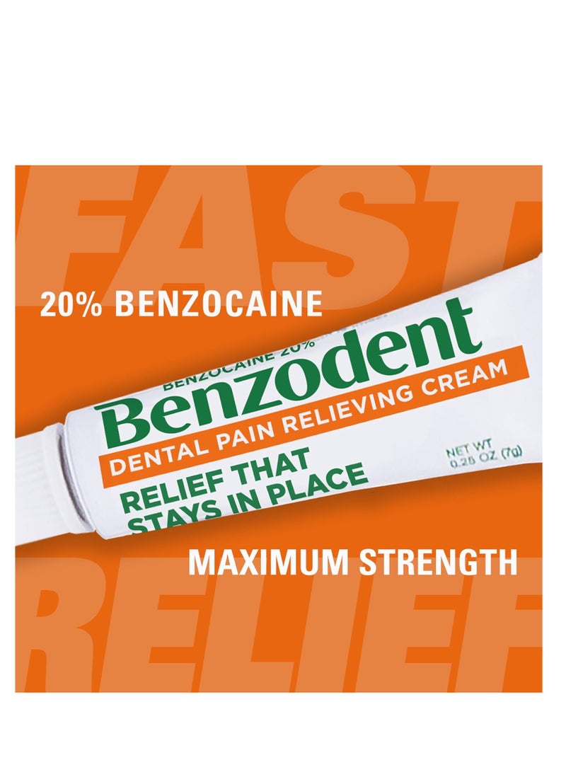 Benzodent Dental Pain Relieving Cream for Dentures and Braces, Topical Anesthetic, 0.25 Ounce Tube