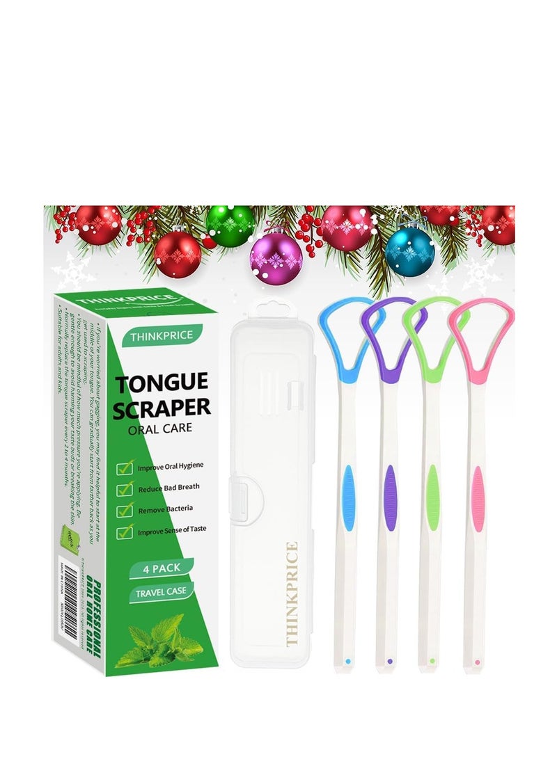 Tongue Scraper Cleaner 100% BPA Free Tongue Scrapers with Travel Handy Case for Adults, Kids, Healthy Oral Care, Easy to Use, Help Fight Bad Breath (4 PACK)