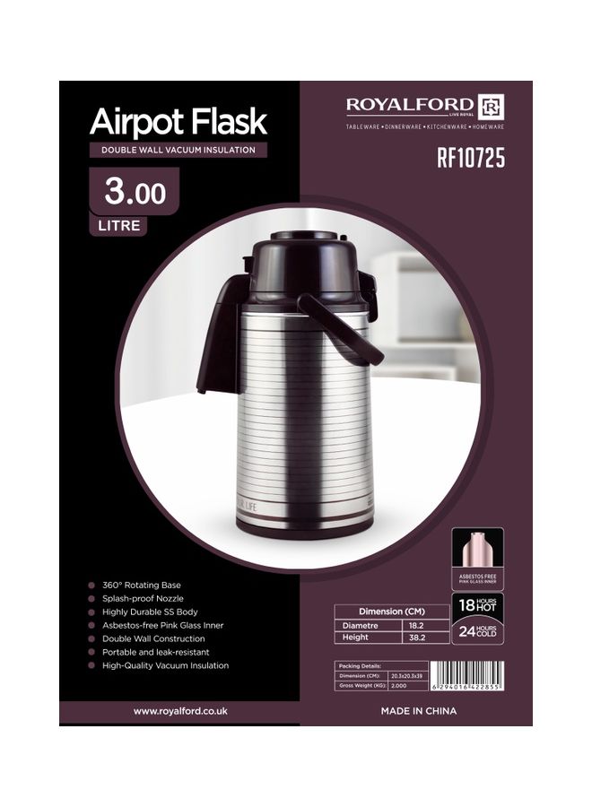 Airpot Flask, Double Wall Vacuum Insulation, 3L, RF10725 | 360 Rotating Base | Portable & Leak-Resistant | Pump Flask for Hot/ Cold Drinks, Tea, Coffee Silver