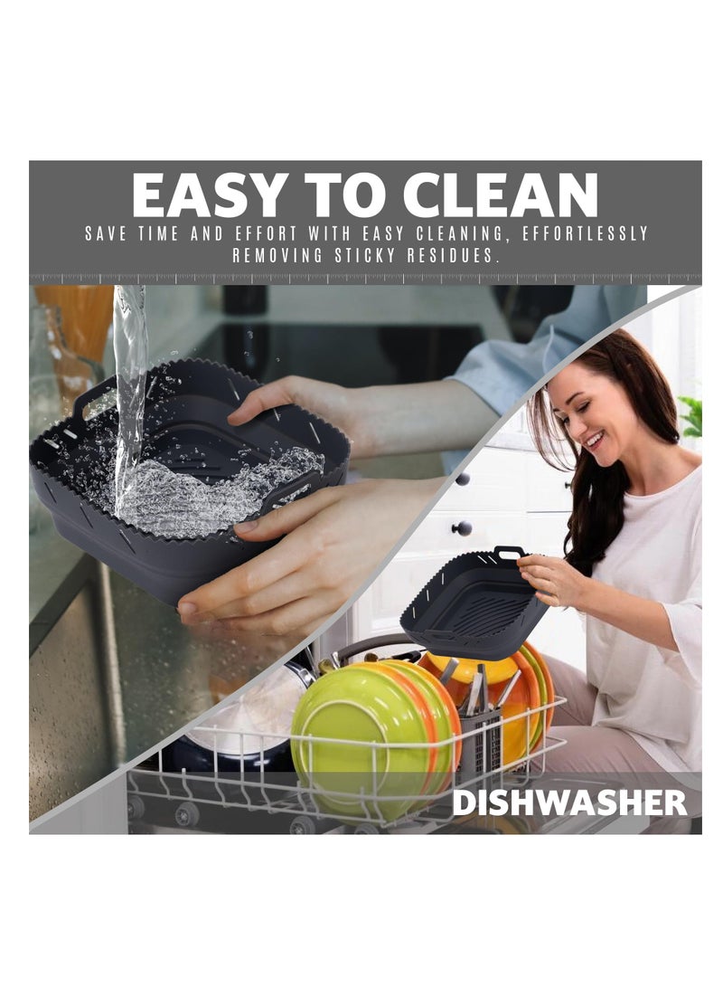 Air Fryer Silicone Liners, 8.5'' Square Air Fryer Silicone Basket, Heat Resistant Easy Cleaning Air Fryers Oven Accessories, Reusable Air Fryer Silicone Bowl with Divider, Gray