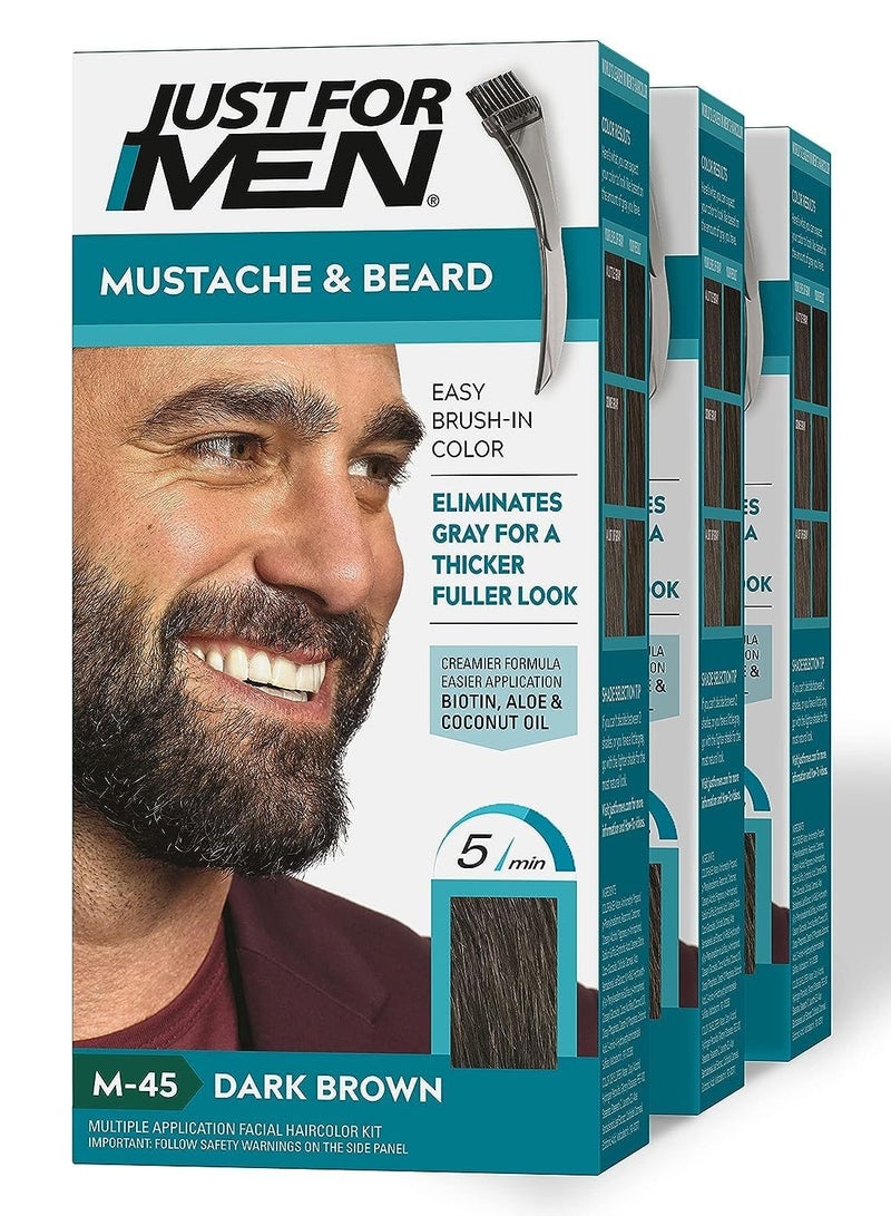 Just For Men Mustache & Beard, Beard Dye for Men with Brush Included for Easy Application, With Biotin Aloe and Coconut Oil for Healthy Facial Hair - Dark Brown, M-45, Pack of 3