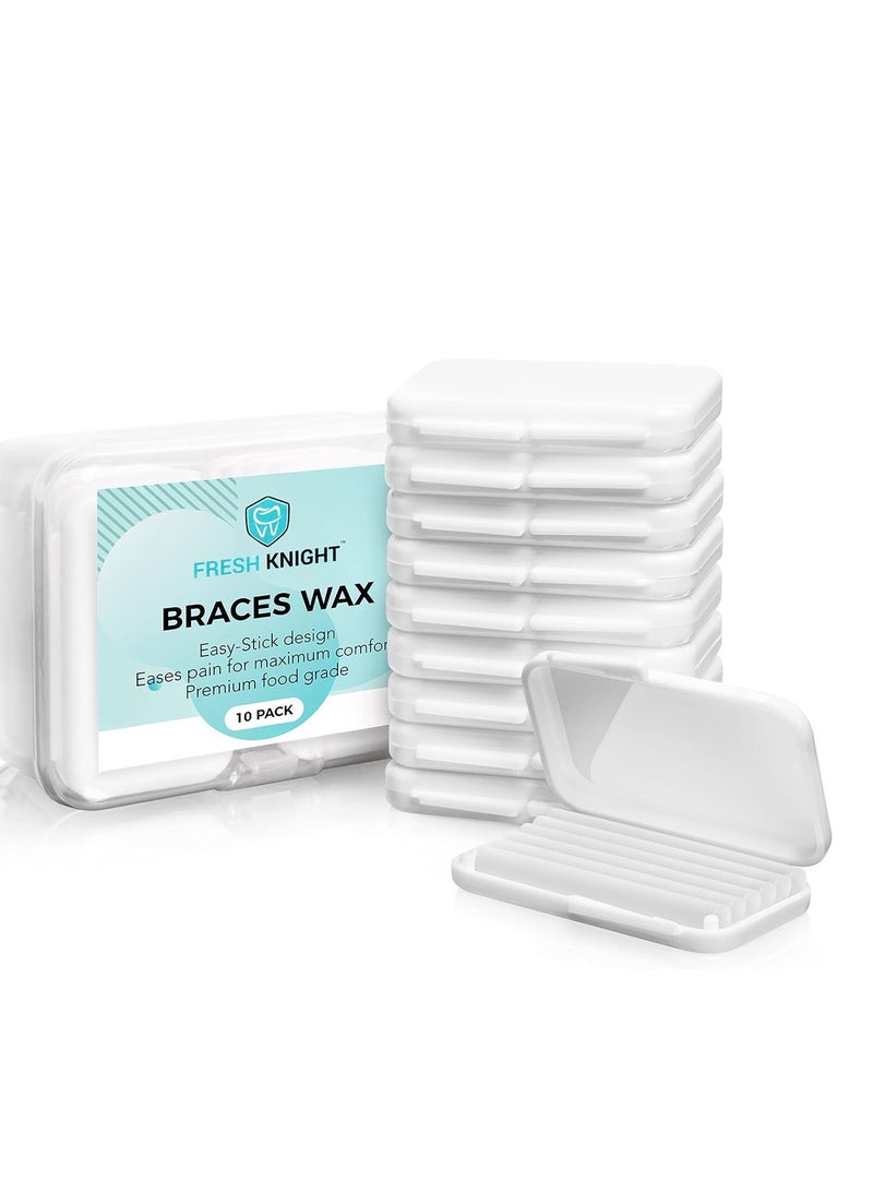 Braces Wax,10 Pack. Dental Wax for Braces & Aligners, Unscented & Flavorless - 50 Premium Orthodontic Strips. White Cases. Includes storage case. Food Grade ortho brace wax. Fresh Knight. (White)