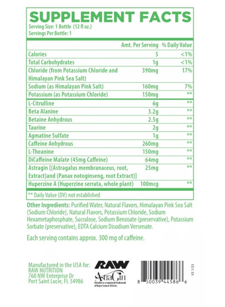 RAW Ready to Drink Pre-Workout Drink - Beta Alanine, L-Citrulline & Caffeine - Zero Sugar, Green Gummy , Box of 12x355ml