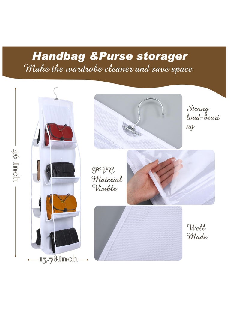 3 Pack Hanging Handbag Purse Organizer, Closet Space Saving Organizers, 8 Pockets with Metal Hooks Purse Hanger, Suitable for Closet Foldable Shelf Bag Storage Holder (White)