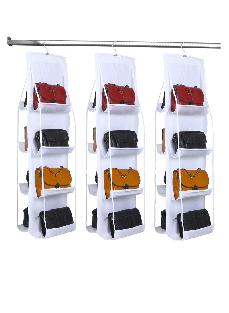 3 Pack Hanging Handbag Purse Organizer, Closet Space Saving Organizers, 8 Pockets with Metal Hooks Purse Hanger, Suitable for Closet Foldable Shelf Bag Storage Holder (White)