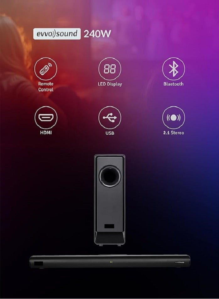 2.1ch Soundbar With Wireless Subwoofer, HDMI Bluetooth 5 And LED Display 240W Black EVAUD-SB241B , Wireless Bluetooth Soundbar (Black)