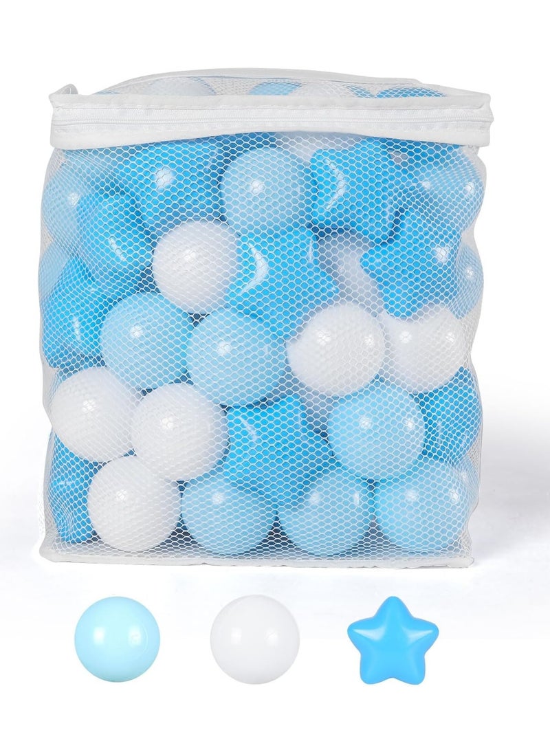 100pcs Star and Ball Shaped Pit Balls for Kids - BPA Free, Crush Proof Plastic Toy Balls in Macaron Colors - Perfect for Birthday Parties, Pools, Tents - Includes PVC/Mesh Storage Bag