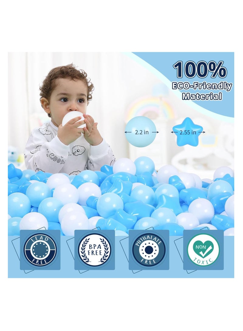 100pcs Star and Ball Shaped Pit Balls for Kids - BPA Free, Crush Proof Plastic Toy Balls in Macaron Colors - Perfect for Birthday Parties, Pools, Tents - Includes PVC/Mesh Storage Bag