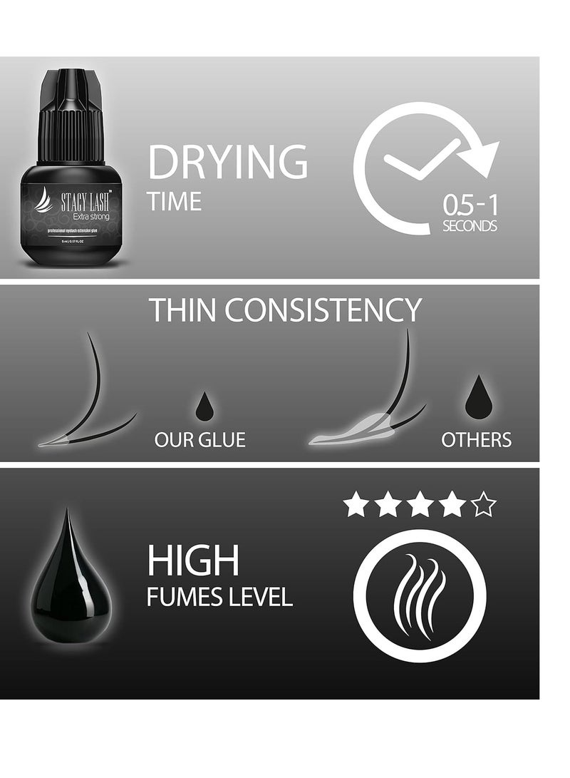 Extra Strong Eyelash Extension Glue Stacy Lash (0.17fl.oz / 5ml) / 0.5-1 Sec Dry/Retention – 8 Weeks/Black Adhesive/Professional Supplies