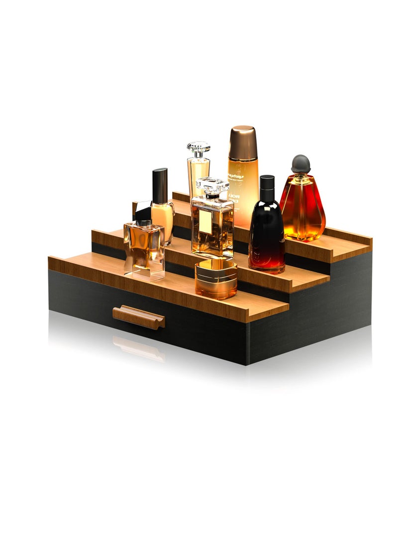 Wooden Cologne Organizer, Perfume Stand for Men, 3 Tier of Cologne Display with Drawer Storage Perfume Organizer Display, Perfume Organizer for Dresser, Great Gift for Man, Black Walnut