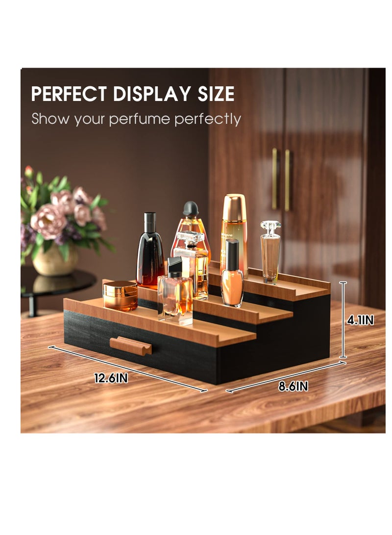 Wooden Cologne Organizer, Perfume Stand for Men, 3 Tier of Cologne Display with Drawer Storage Perfume Organizer Display, Perfume Organizer for Dresser, Great Gift for Man, Black Walnut