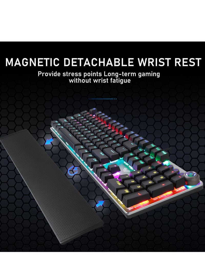 Mechanical Gaming Keyboard NKRO with Wrist Rest RGB Backlit Volume/Lighting Control Knob Fully Programmable 108-Keys Anti-Ghosting Wired Computer Keyboards for Office/Games, Black Switch