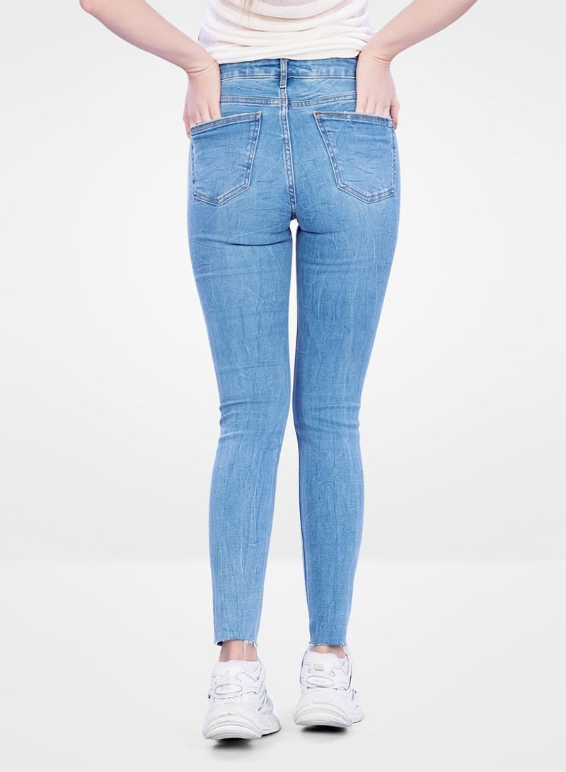 Web Denim Medium Blue Skinny Stretchable Ripped Denim Pant Fashionable Comfort Fit Cotton Jeans With Pockets For Women