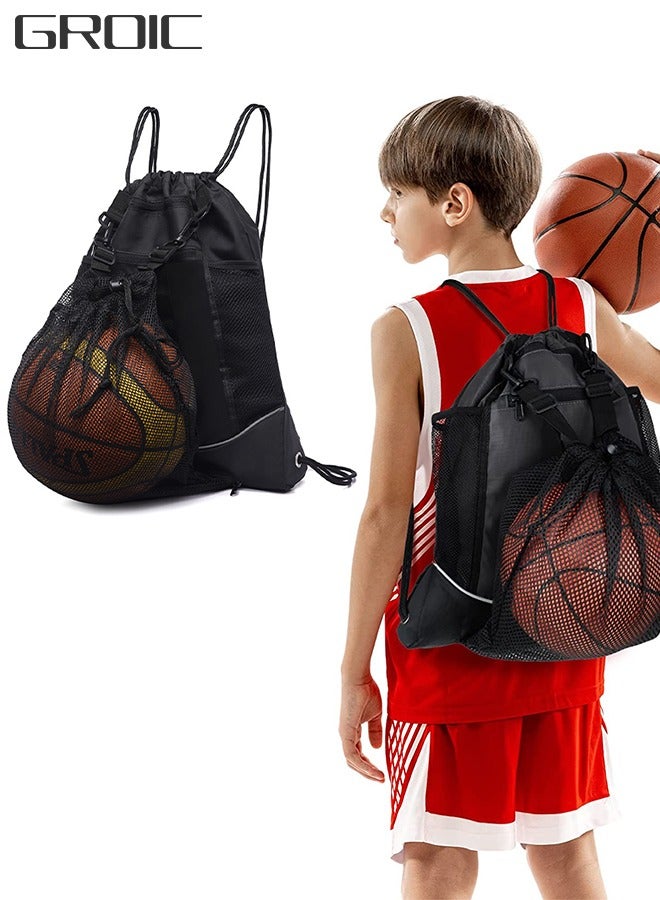 Black Basketball Backpack Drawstring Bag, Basketball Accessories String Bag, Basketball Backpack with Ball Compartment, Workout Equipment Bags