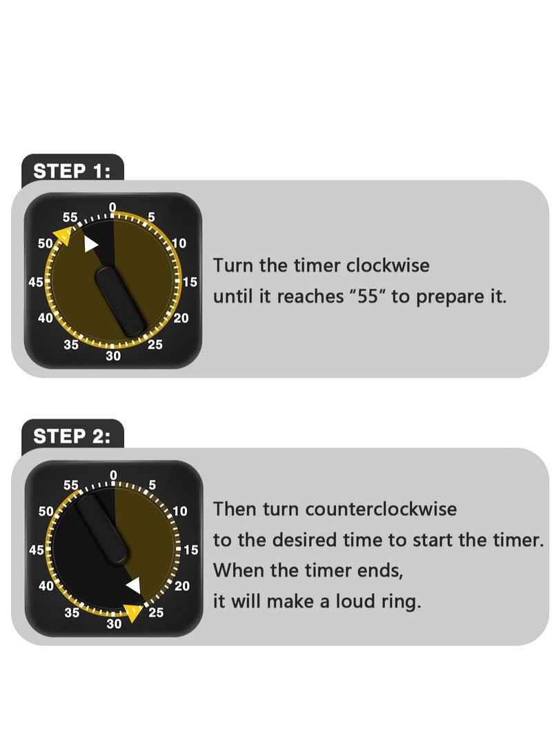 2-Pack Square 60 Minute Mechanical Kitchen Timer,Chef Cooking Timer Clock with Loud Alarm,No Batteries Required - Kitchen Learning Management Timer Magnetic Backing with Fridge Magnets