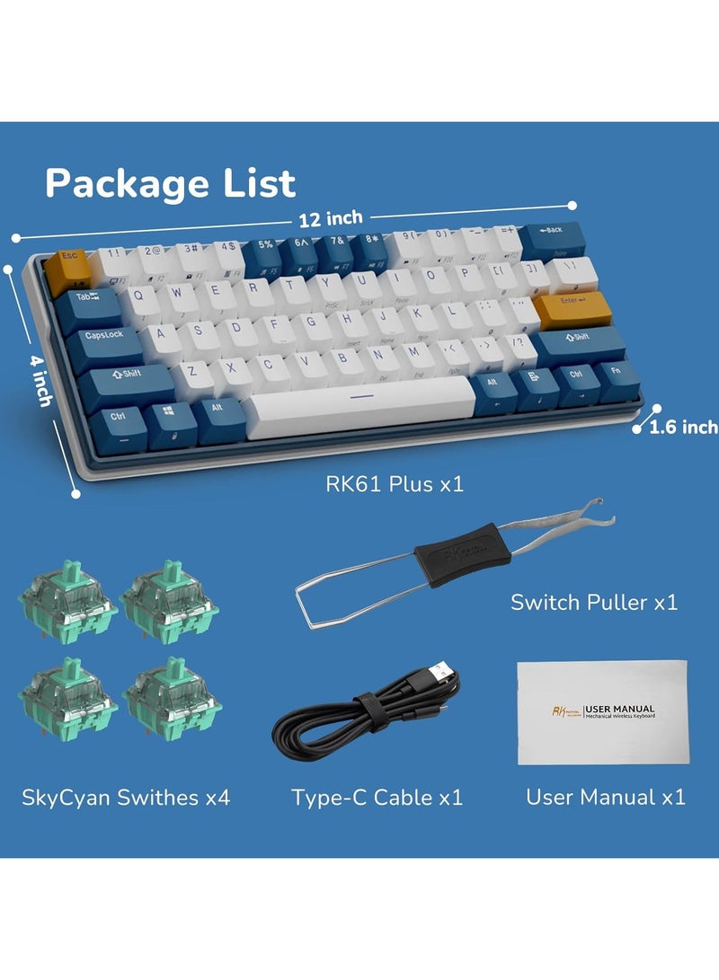 RK61 Plus Tri - Mode Wireless Mechanical Keyboard, Bluetooth/2.4G/Wired RGB Gaming Keyboard, 60% Hot Swappable Computer PC Keyboards with USB Hub, Silence Linear Sky Cyan Switches