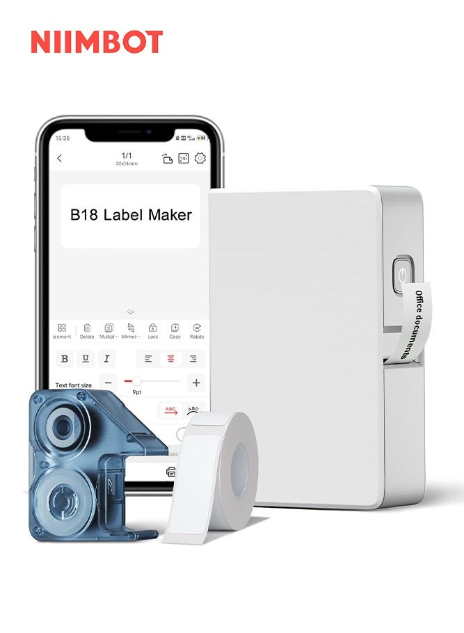 NIIMBOT B18 Portable Label Maker, Wireless Bluetooth Connection, Mobile Editing, Support Color Printing, Mini Sticker Printer for Labeling Office Files, White