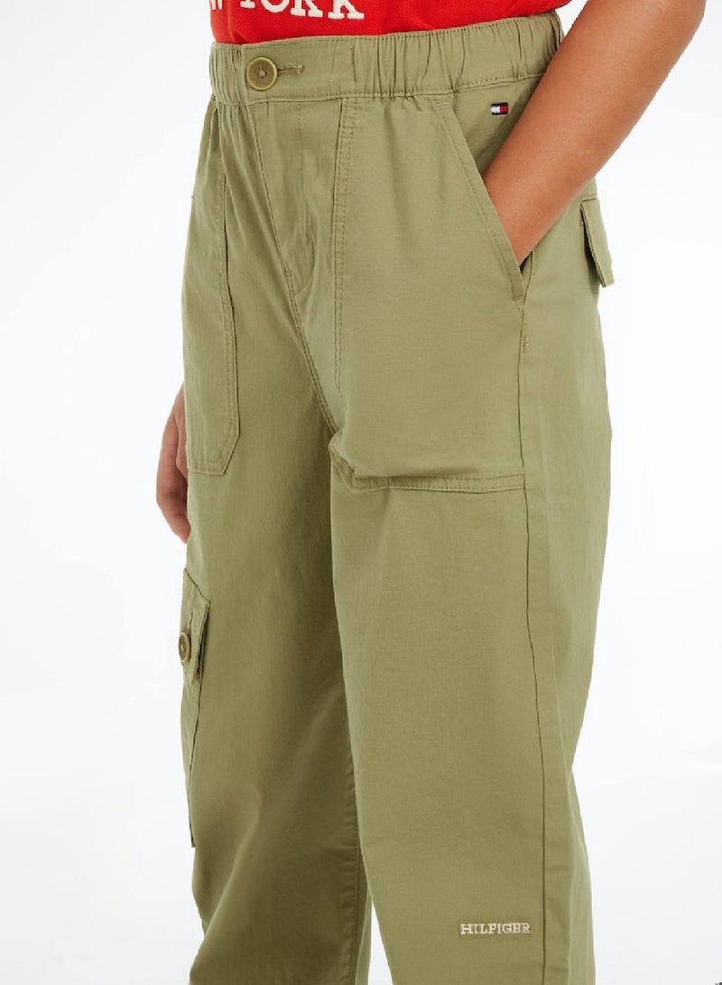 Boys' Th Monogram Wide Leg Cargo Trousers -  Stretch organic cotton, Green