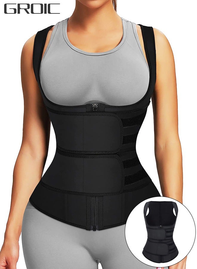 Waist Trainer for Women Waist Trainer Corset Vest Tummy Slimming Belly  Body Shaper, Double Belt Sauna Workout Trimmer Belts with Zipper and 9 Steel Bones