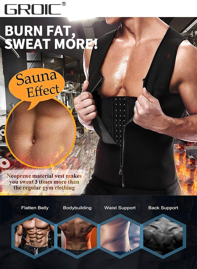 Men's Waist Trainer Sauna Vest Waist Trainer Zipper Neoprene Sauna Suit Tank Top, Weight Loss Body Shaper Sweat Vest  with 3 Rows of Hooks and Zipper, Sauna Workout Trainer Vest, 2XL