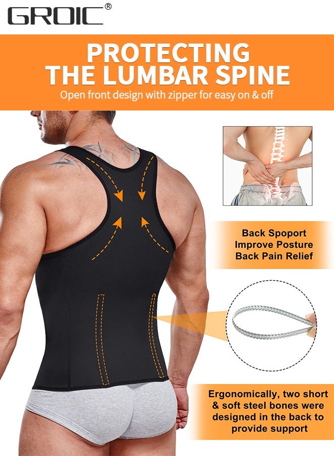 Men's Waist Trainer Sauna Vest Waist Trainer Zipper Neoprene Sauna Suit Tank Top, Weight Loss Body Shaper Sweat Vest  with 3 Rows of Hooks and Zipper, Sauna Workout Trainer Vest, 2XL