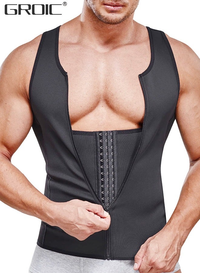 Men's Waist Trainer Sauna Vest Waist Trainer Zipper Neoprene Sauna Suit Tank Top, Weight Loss Body Shaper Sweat Vest  with 3 Rows of Hooks and Zipper, Sauna Workout Trainer Vest, 2XL