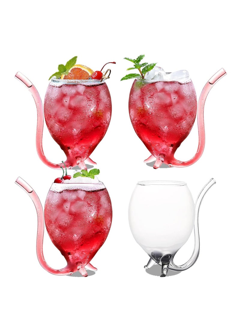 12oz Set Of 4 Creative Cocktail Glasses Decanter Cups Mugs with Built-in Straw for Cocktail Wine Juice Ice Cream Champagne Home Bar Party Club Glassware Barware