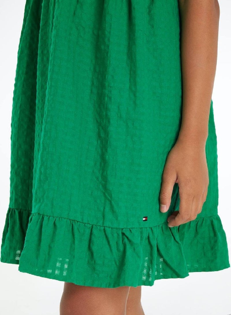 Girls' Seersucker Frill Fit And Flare Dress -  Pure cotton seersucker, Green