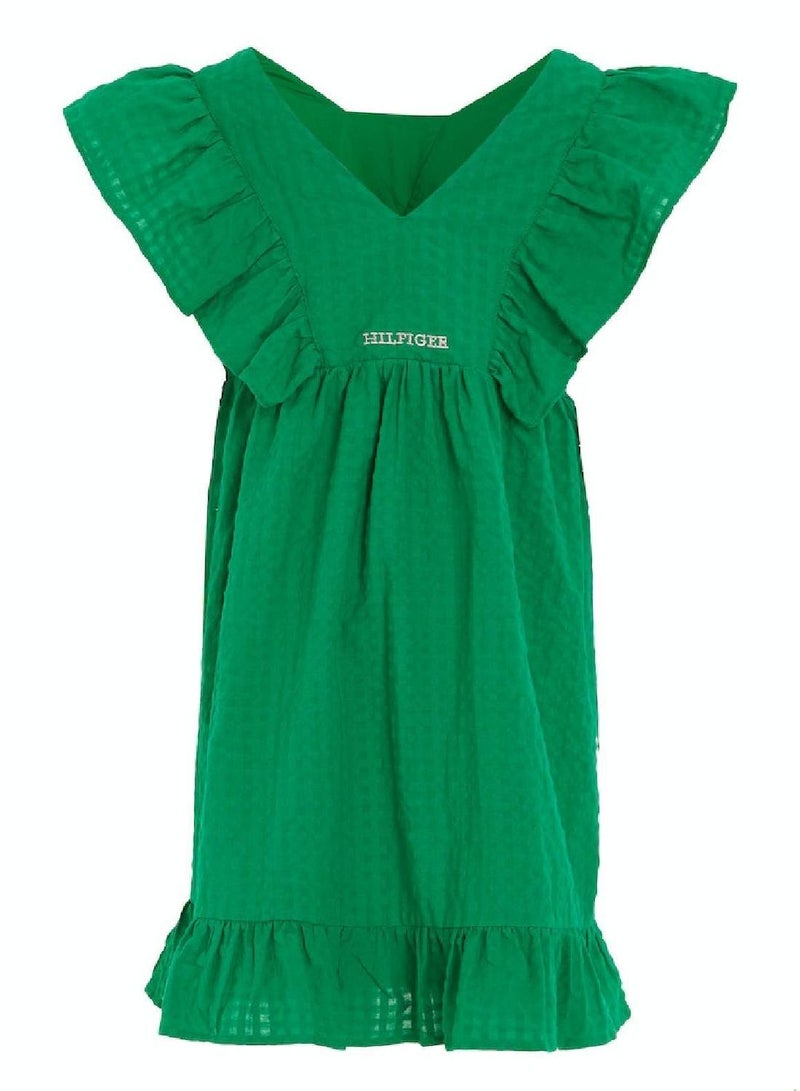 Girls' Seersucker Frill Fit And Flare Dress -  Pure cotton seersucker, Green