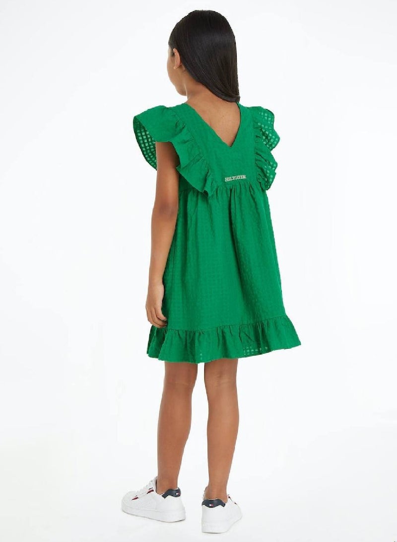 Girls' Seersucker Frill Fit And Flare Dress -  Pure cotton seersucker, Green