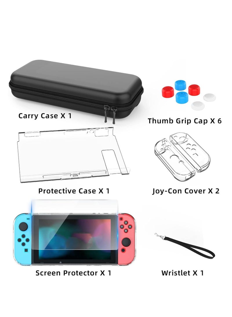 Switch Case Compatible with Nintendo Switch 9 in 1 Accessories kit with Carrying Case, Dockable Protective Case, HD Screen Protector and 6pcs Thumb Grips Caps