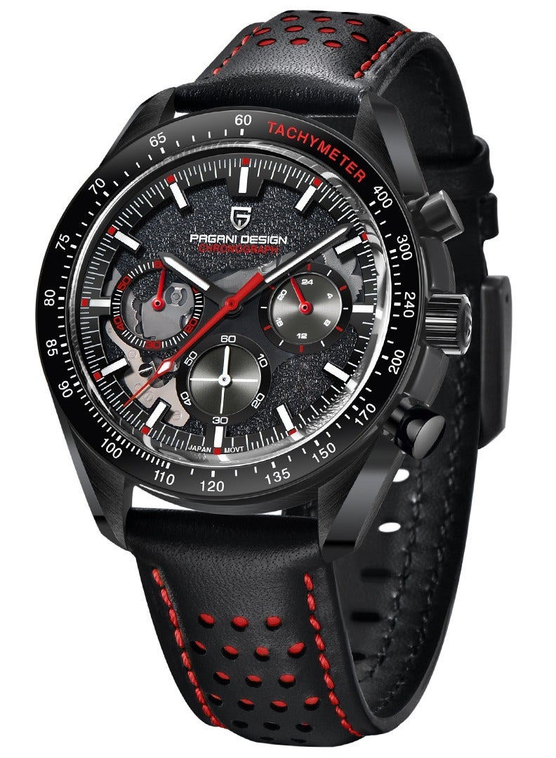 Men's Quartz Watches Full Black Stainless Steel Chronograph Wristwatch With Leather Watchband