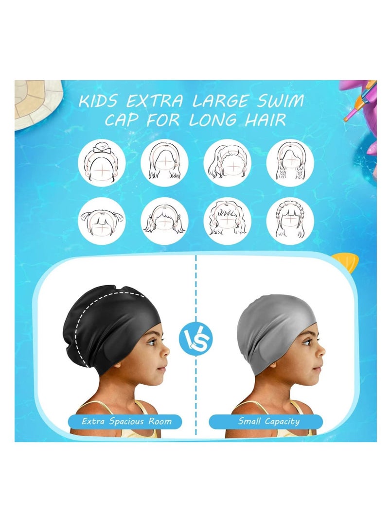 2 Pack Kids Extra Large Swim Cap for Long Thick Hair, Waterproof Silicone Swimming Cap for Toddler Child Youth Girls Boys, Durable Swim Hats Bathing Caps for Braids, Dreadlocks, Extensions, Afros Blue