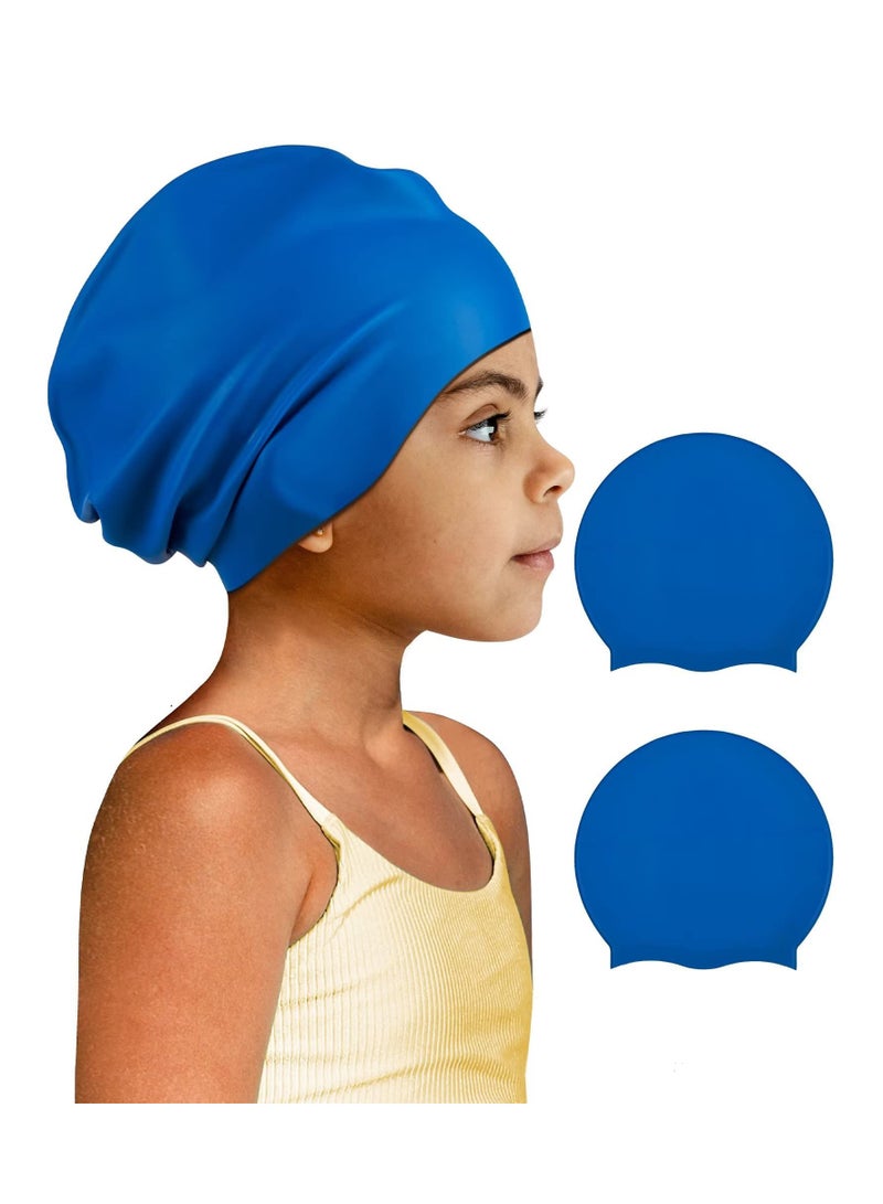 2 Pack Kids Extra Large Swim Cap for Long Thick Hair, Waterproof Silicone Swimming Cap for Toddler Child Youth Girls Boys, Durable Swim Hats Bathing Caps for Braids, Dreadlocks, Extensions, Afros Blue