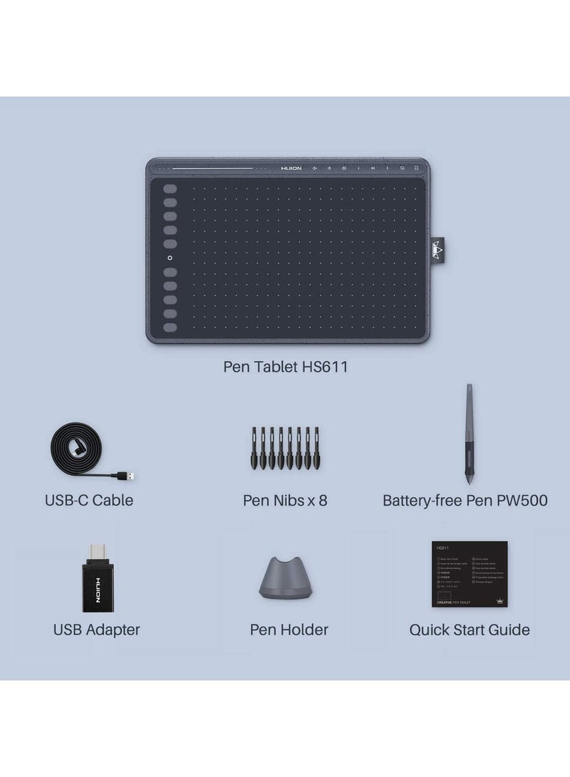 HS611 Graphics Drawing Tablet 10X6 inch with 8192 Levels Battery-Free Pen, 8 Multimedia Keys and 10 Press Keys, Support Android, Ideal Use for Distance Education and Wed Conference Grey