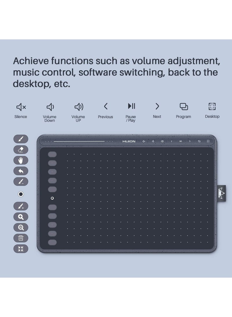 HS611 Graphics Drawing Tablet 10X6 inch with 8192 Levels Battery-Free Pen, 8 Multimedia Keys and 10 Press Keys, Support Android, Ideal Use for Distance Education and Wed Conference Grey