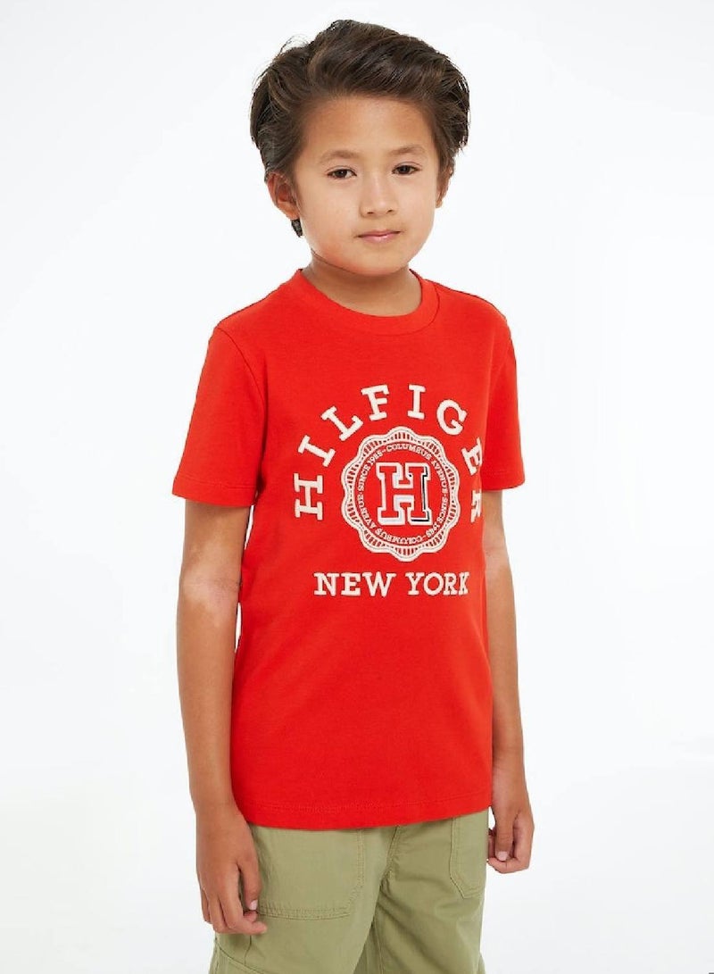 Boys' Hilfiger Monotype Archive Crest Logo Embroidery T-Shirt -  Pure cotton, Red