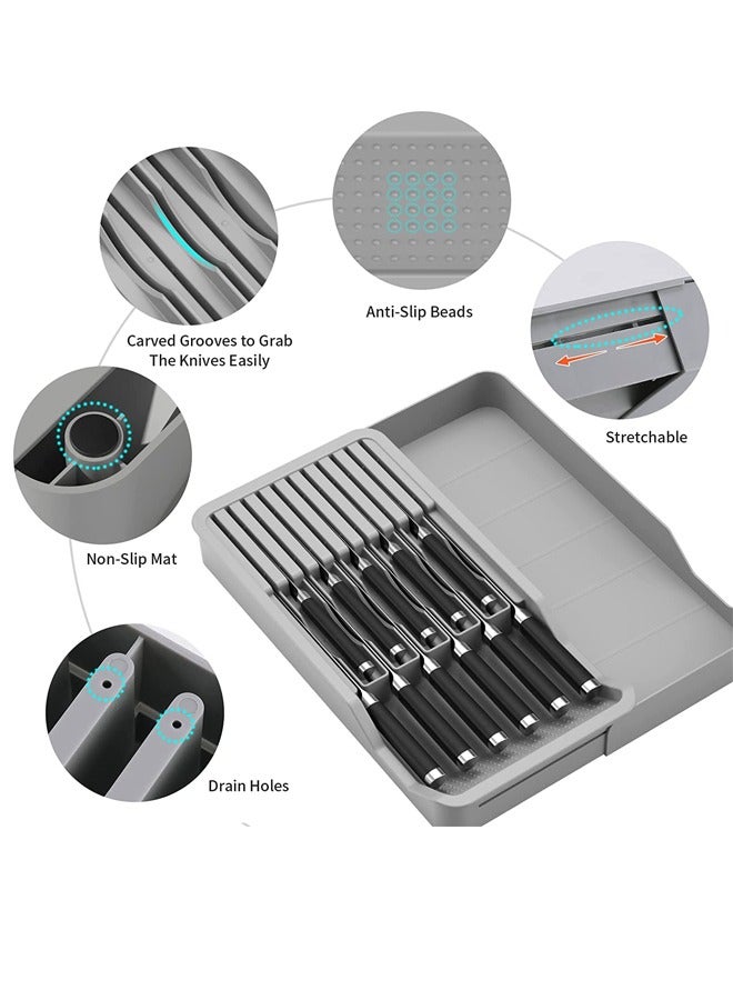 Drawer Knife Block,Kitchen Knife Drawer Organizer,2 Tier Knife Holder Holds 11 Knives with Expandable Organizer Storage Tray