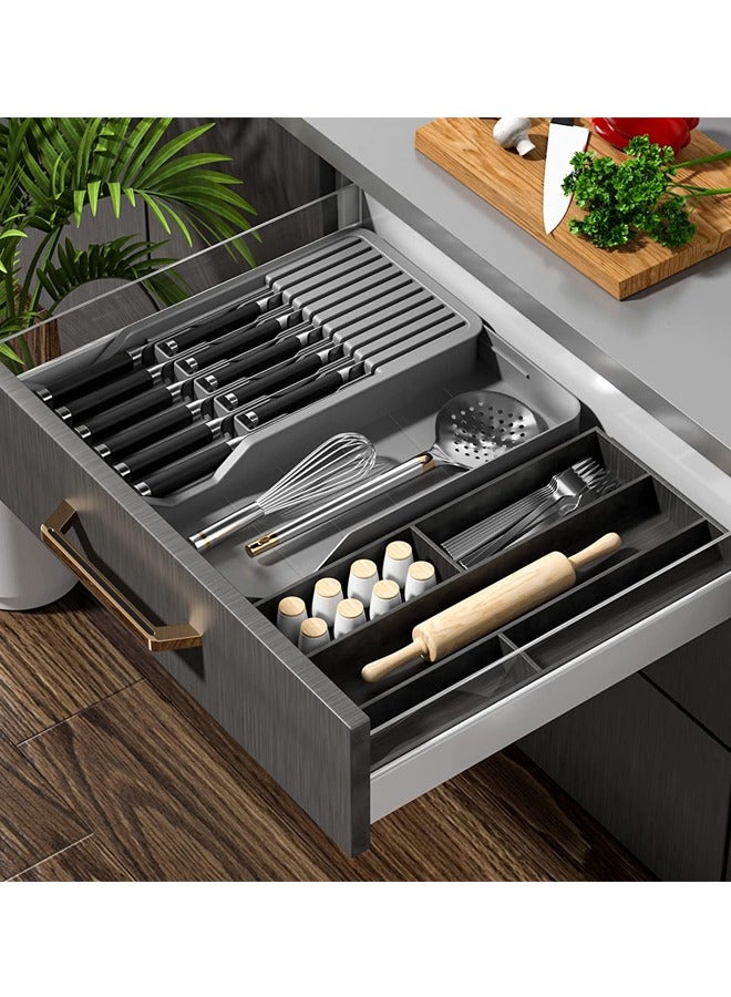 Drawer Knife Block,Kitchen Knife Drawer Organizer,2 Tier Knife Holder Holds 11 Knives with Expandable Organizer Storage Tray