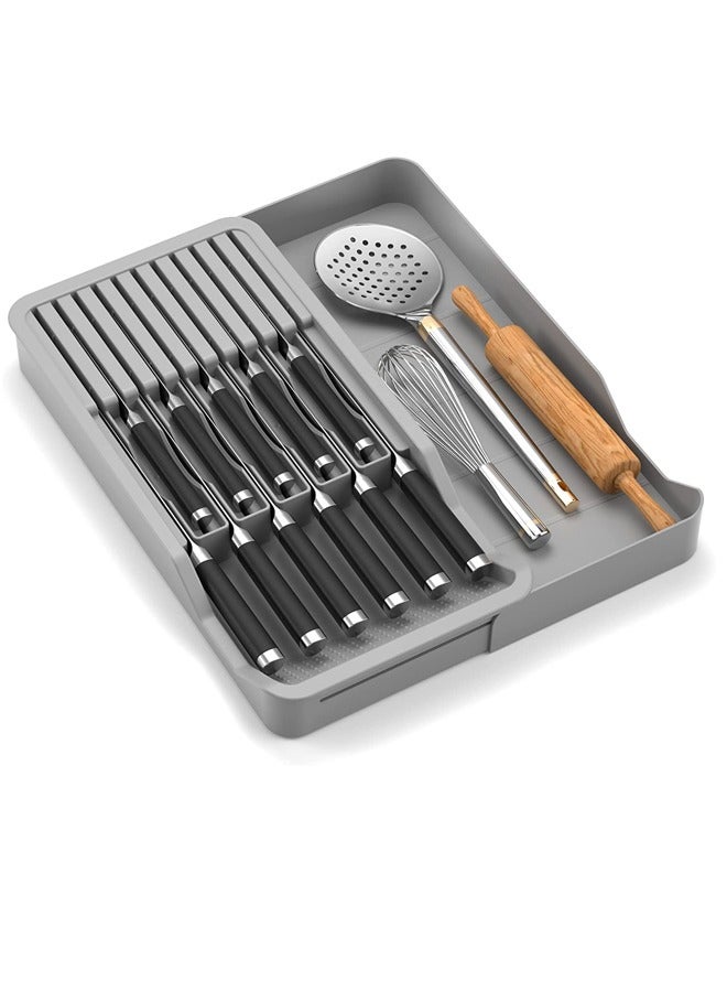 Drawer Knife Block,Kitchen Knife Drawer Organizer,2 Tier Knife Holder Holds 11 Knives with Expandable Organizer Storage Tray