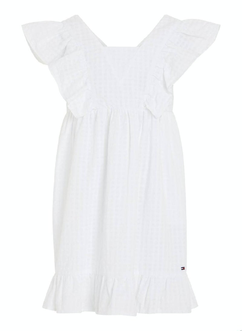 Girls' Seersucker Frill Fit And Flare Dress -  Pure cotton seersucker, White