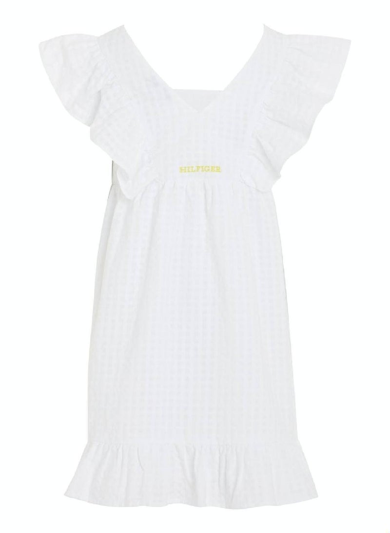 Girls' Seersucker Frill Fit And Flare Dress -  Pure cotton seersucker, White