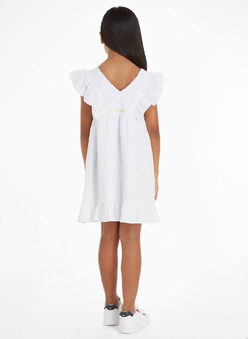 Girls' Seersucker Frill Fit And Flare Dress -  Pure cotton seersucker, White