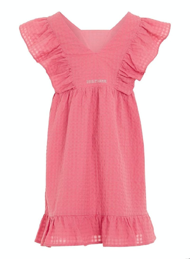 Girls' Seersucker Frill Fit And Flare Dress -  Pure cotton seersucker, Pink