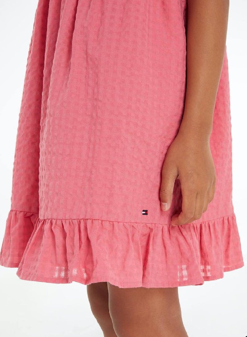 Girls' Seersucker Frill Fit And Flare Dress -  Pure cotton seersucker, Pink