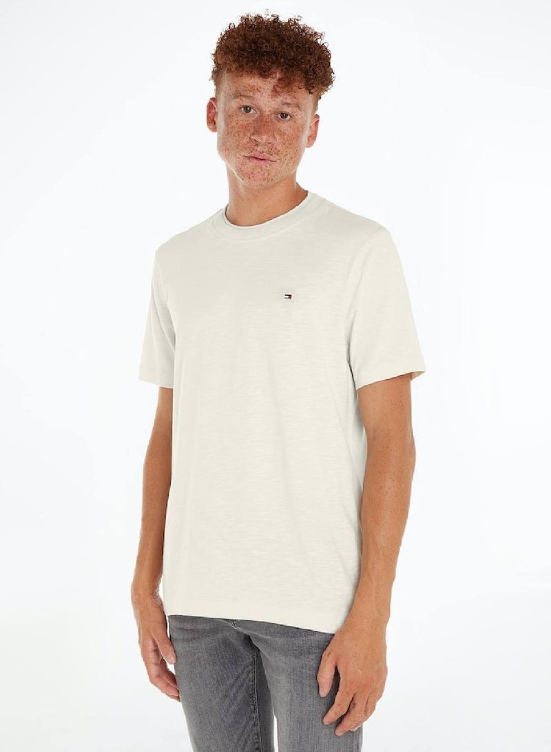 Men's Textured Featuring a Crew Neck T-Shirt -  Pure organic slub cotton, Beige