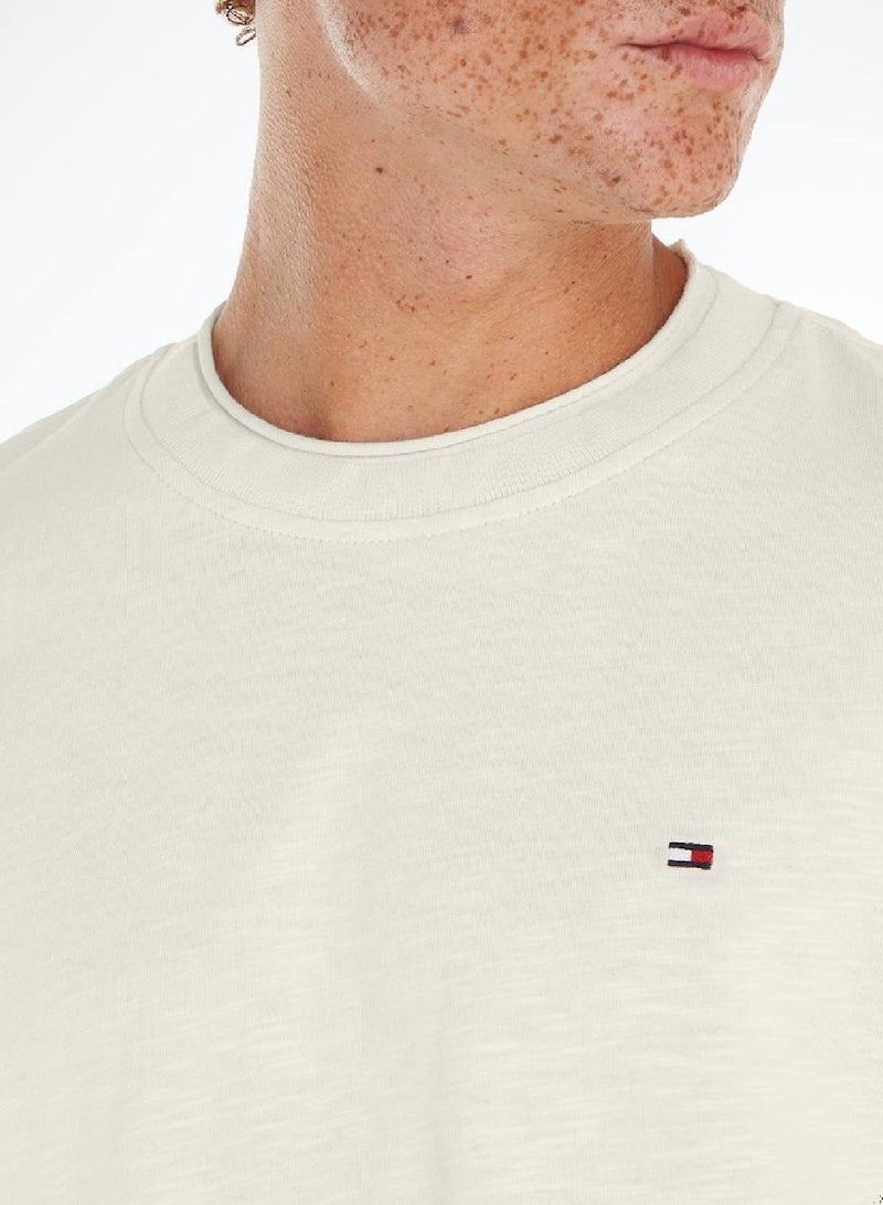 Men's Textured Featuring a Crew Neck T-Shirt -  Pure organic slub cotton, Beige